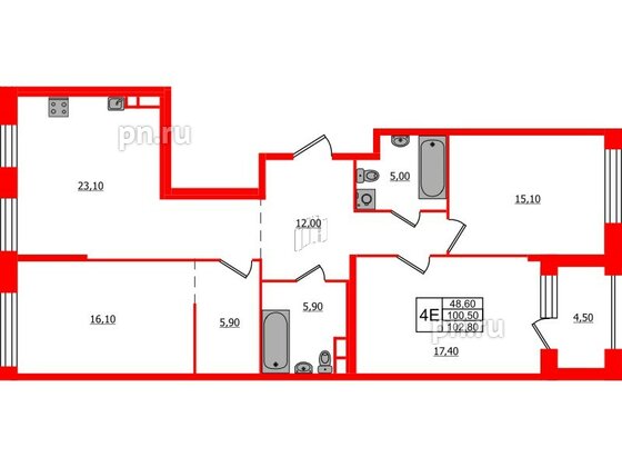 Квартира в ЖК ЛДМ, 3 комнатная, 102.8 м², 3 этаж