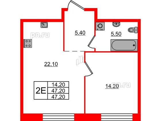 Квартира в ЖК ЛДМ, 1 комнатная, 47.2 м², 3 этаж