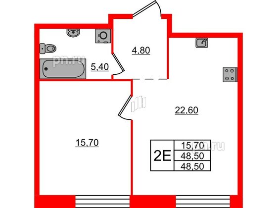 Квартира в ЖК «ЛДМ», 1 комнатная, 48.5 м², 2 этаж