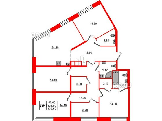 Квартира в ЖК ЛДМ, 4 комнатная, 132.5 м², 6 этаж