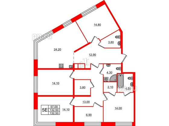 Квартира в ЖК «ЛДМ», 4 комнатная, 132.5 м², 8 этаж