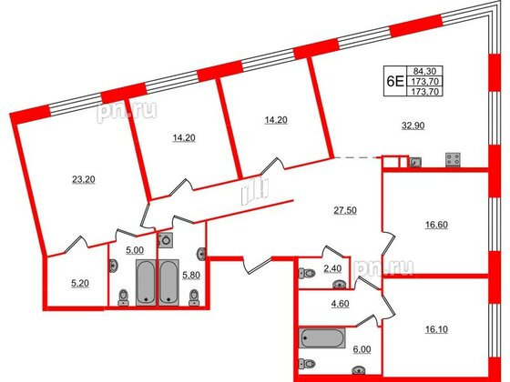 Квартира в ЖК ЛДМ, 5 комнатная, 173.7 м², 5 этаж