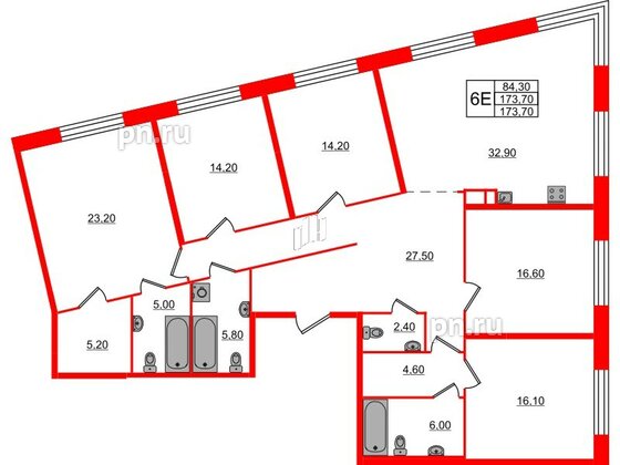 Квартира в ЖК ЛДМ, 5 комнатная, 173.7 м², 6 этаж