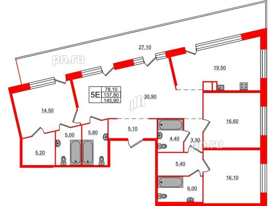 Квартира в ЖК ЛДМ, 4 комнатная, 145.9 м², 8 этаж