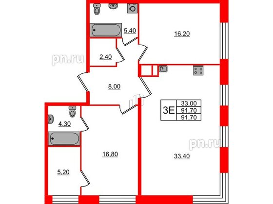 Квартира в ЖК ЛДМ, 2 комнатная, 91.7 м², 8 этаж