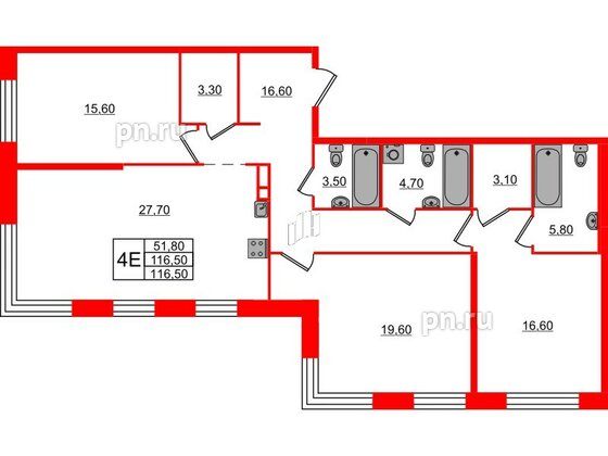 Квартира в ЖК «ЛДМ», 3 комнатная, 116.5 м², 3 этаж