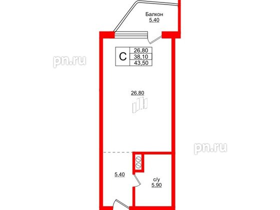 Апартаменты в ЖК Русь-2, студия, 43.5 м², 4 этаж