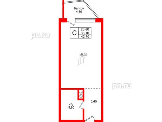 Апартаменты в ЖК Русь-2, студия, 42.7 м², 2 этаж