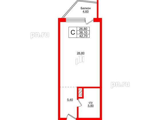 Апартаменты в ЖК Русь-2, студия, 42.7 м², 2 этаж