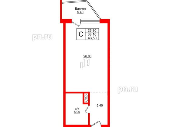 Апартаменты в ЖК Русь-2, студия, 43.5 м², 2 этаж