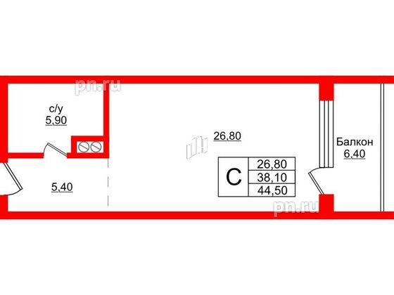 Апартаменты в ЖК Русь-2, студия, 44.5 м², 2 этаж