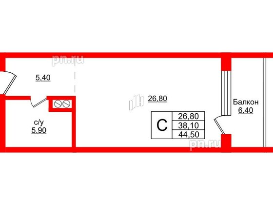 Апартаменты в ЖК Русь-2, студия, 44.5 м², 3 этаж