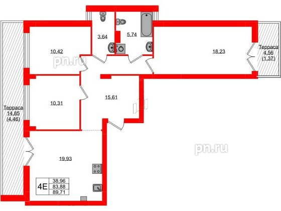 Квартира в ЖК «Включи», 3 комнатная, 89.71 м², 1 этаж