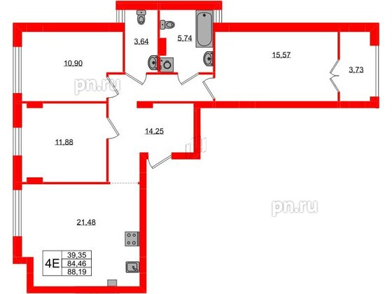 Квартира в ЖК «Включи», 3 комнатная, 88.19 м², 3 этаж