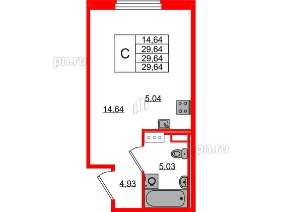 Квартира в ЖК Образцовый квартал, студия, 29.64 м², 2 этаж