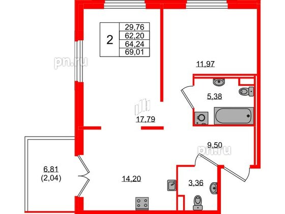 Квартира в ЖК Образцовый квартал, 2 комнатная, 62.2 м², 1 этаж