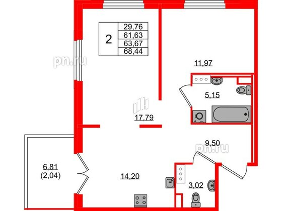 Квартира в ЖК Образцовый квартал, 2 комнатная, 61.63 м², 2 этаж