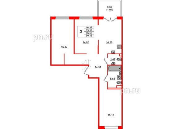 Квартира в ЖК Образцовый квартал, 3 комнатная, 83.59 м², 1 этаж