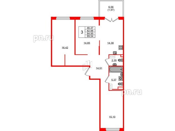 Квартира в ЖК Образцовый квартал, 3 комнатная, 82.98 м², 2 этаж