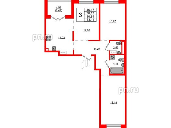 Квартира в ЖК Образцовый квартал, 3 комнатная, 78.17 м², 2 этаж