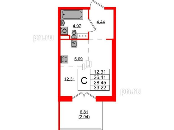 Квартира в ЖК Образцовый квартал, студия, 26.41 м², 2 этаж