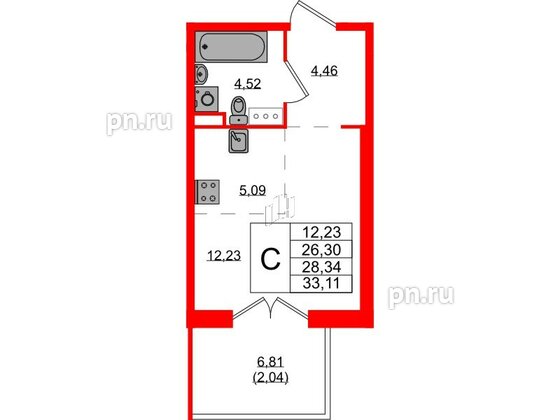 Квартира в ЖК Образцовый квартал, студия, 26.3 м², 4 этаж