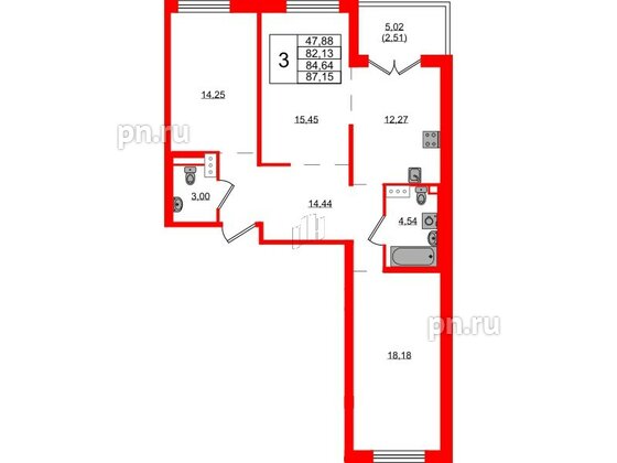 Квартира в ЖК Образцовый квартал, 3 комнатная, 82.13 м², 3 этаж