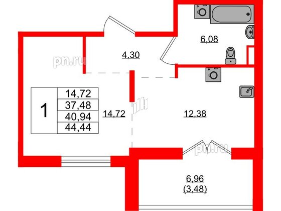 Квартира в ЖК Образцовый квартал, 1 комнатная, 37.48 м², 1 этаж