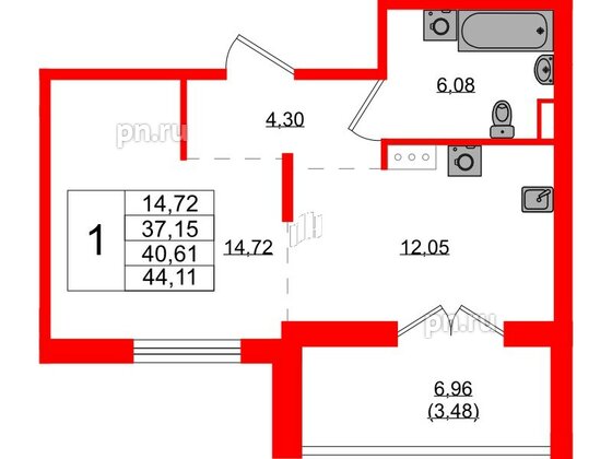 Квартира в ЖК Образцовый квартал, 1 комнатная, 37.15 м², 2 этаж