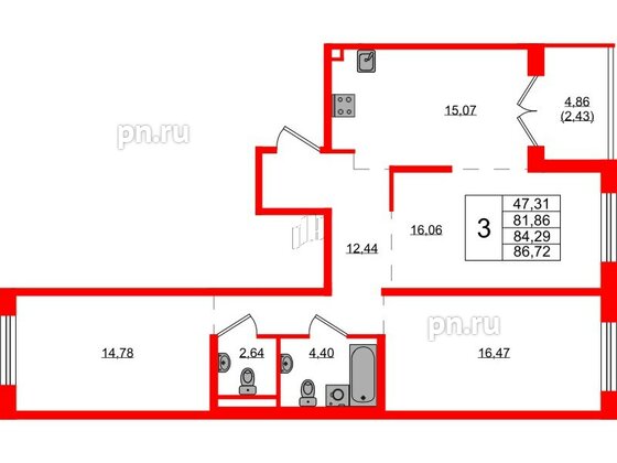 Квартира в ЖК Образцовый квартал, 3 комнатная, 81.86 м², 1 этаж