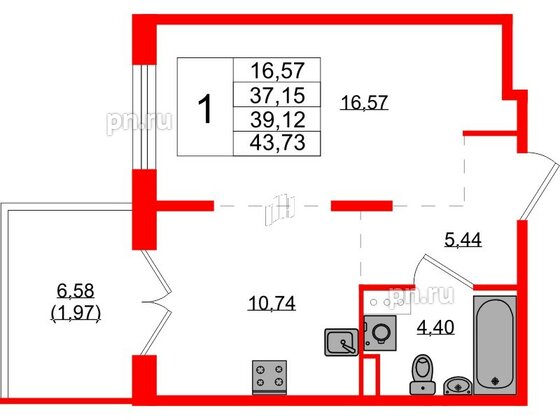 Квартира в ЖК Образцовый квартал, 1 комнатная, 37.15 м², 4 этаж