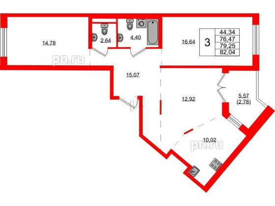 Квартира в ЖК Образцовый квартал, 3 комнатная, 76.47 м², 1 этаж