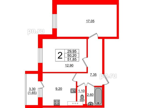 Квартира в ЖК Ленский, 2 комнатная, 51.85 м², 5 этаж