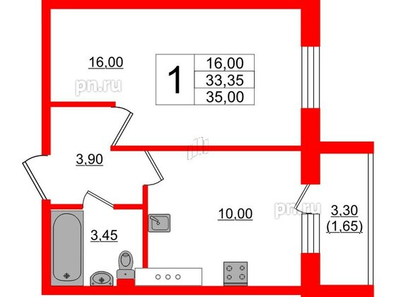 Квартира в ЖК Ленский, 1 комнатная, 35 м², 5 этаж