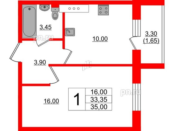 Квартира в ЖК Ленский, 1 комнатная, 35 м², 8 этаж