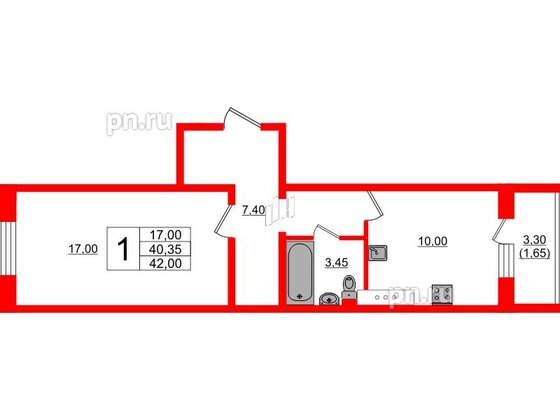 Квартира в ЖК Ленский, 1 комнатная, 42 м², 9 этаж