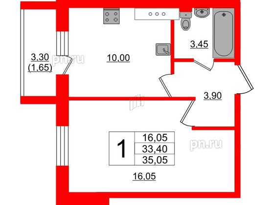 Квартира в ЖК Ленский, 1 комнатная, 35.05 м², 4 этаж