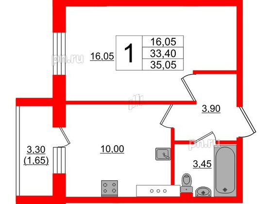 Квартира в ЖК Ленский, 1 комнатная, 35.05 м², 5 этаж