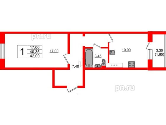 Квартира в ЖК Ленский, 1 комнатная, 42 м², 2 этаж