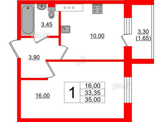 Квартира в ЖК Ленский, 1 комнатная, 35 м², 9 этаж