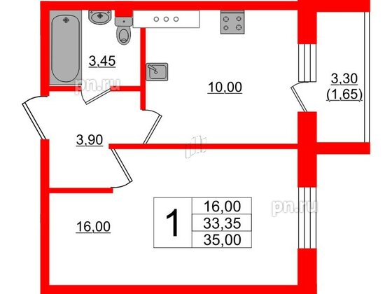 Квартира в ЖК Ленский, 1 комнатная, 35 м², 3 этаж