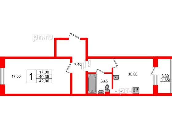 Квартира в ЖК Ленский, 1 комнатная, 42 м², 2 этаж