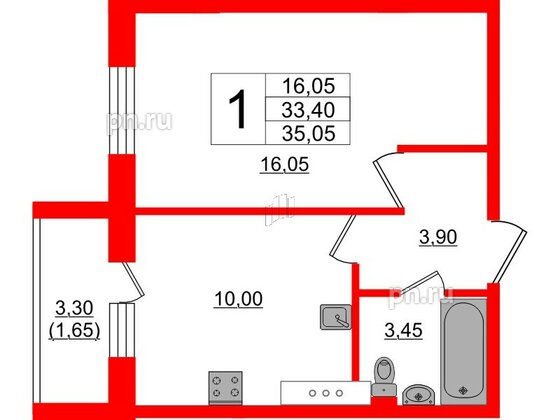 Квартира в ЖК Ленский, 1 комнатная, 35.05 м², 2 этаж