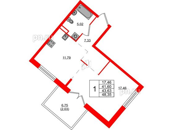 Квартира в ЖК Образцовый квартал, 1 комнатная, 41.6 м², 1 этаж