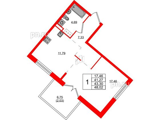 Квартира в ЖК Образцовый квартал, 1 комнатная, 41.27 м², 2 этаж