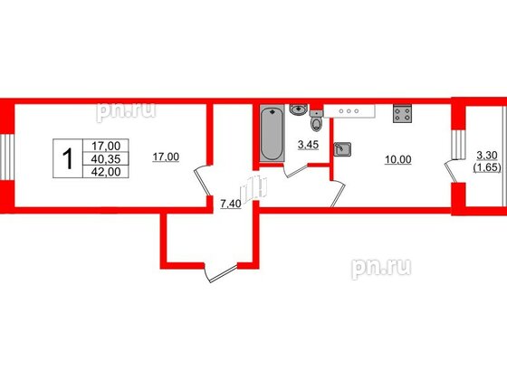 Квартира в ЖК Ленский, 1 комнатная, 42 м², 3 этаж