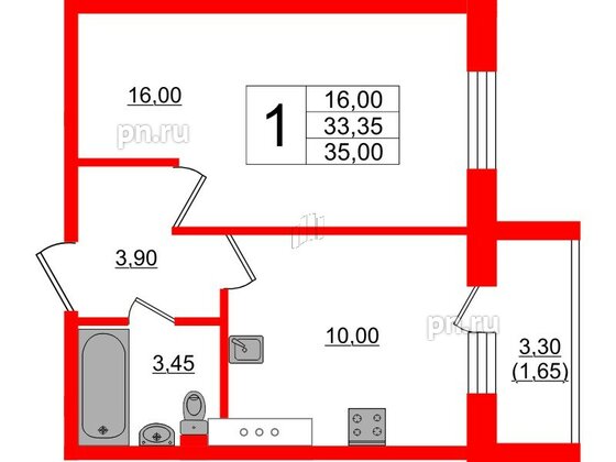 Квартира в ЖК Ленский, 1 комнатная, 35 м², 2 этаж