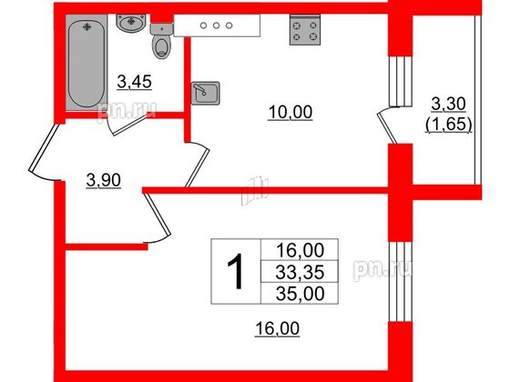 Квартира в ЖК Ленский, 1 комнатная, 35 м², 3 этаж