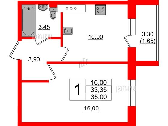 Квартира в ЖК «Ленский», 1 комнатная, 35 м², 11 этаж