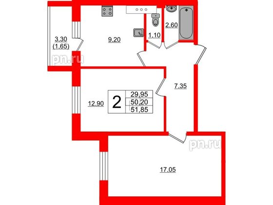 Квартира в ЖК Ленский, 2 комнатная, 51.85 м², 3 этаж